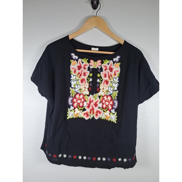 Tiny Tops - Anthropologie Tiny Black Floral Embroidered Cotton Short Sleeve Top XL RN104537